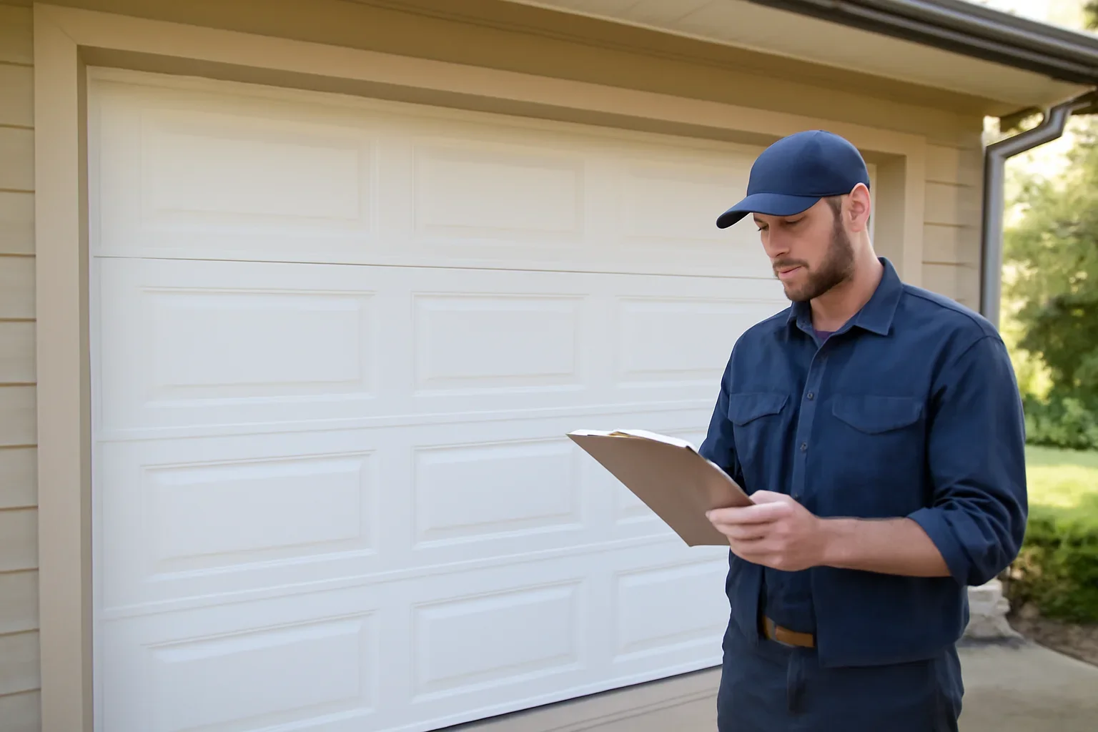 Garage door technician reviewing garage door installation in Fleetwood Surrey