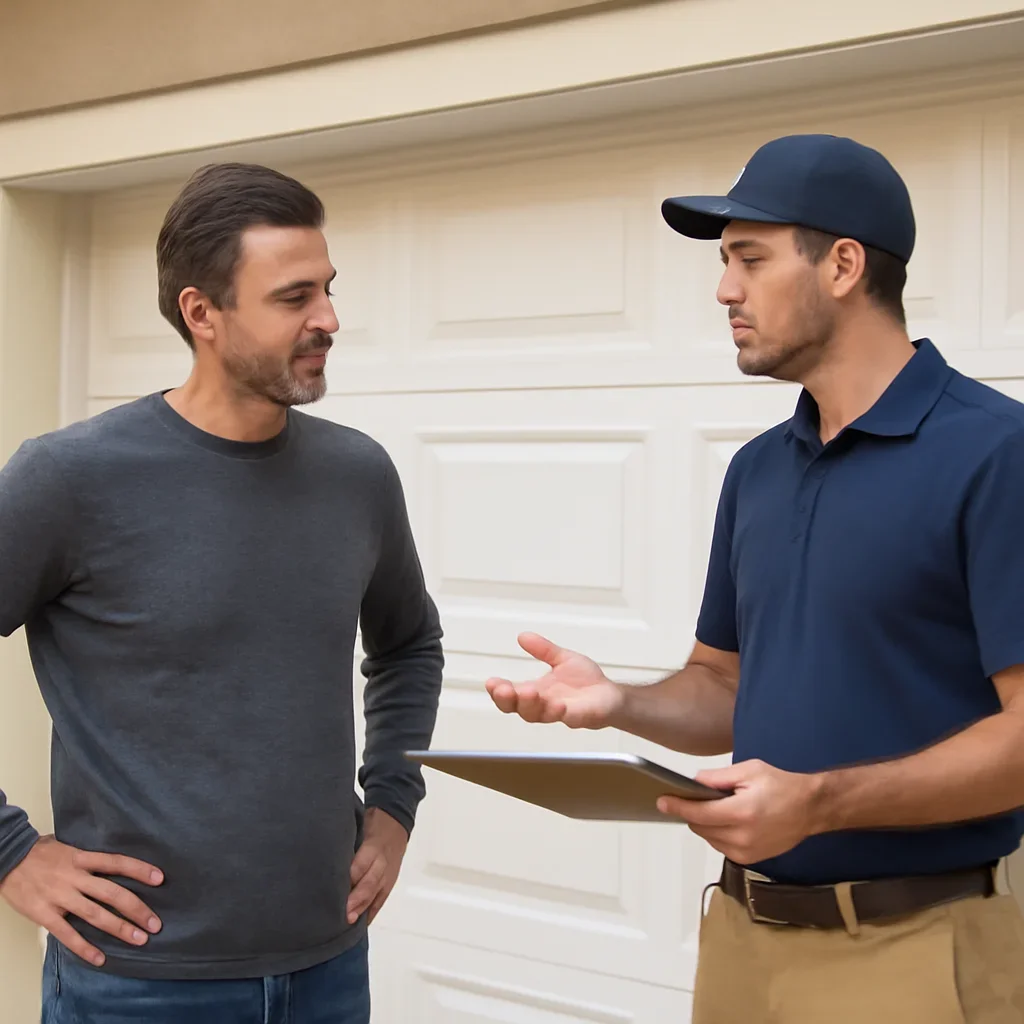 Homeowner discussing garage door installation in Fleetwood Park Surrey