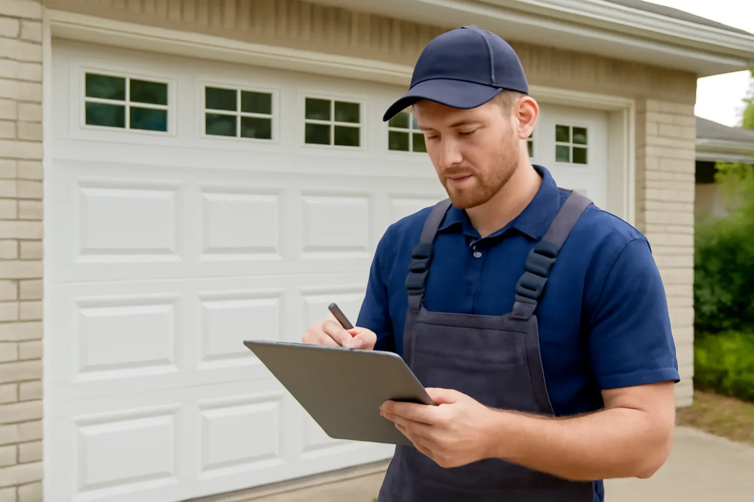 Garage door technician reviewing garage door installation in Fleetwood Park Surrey