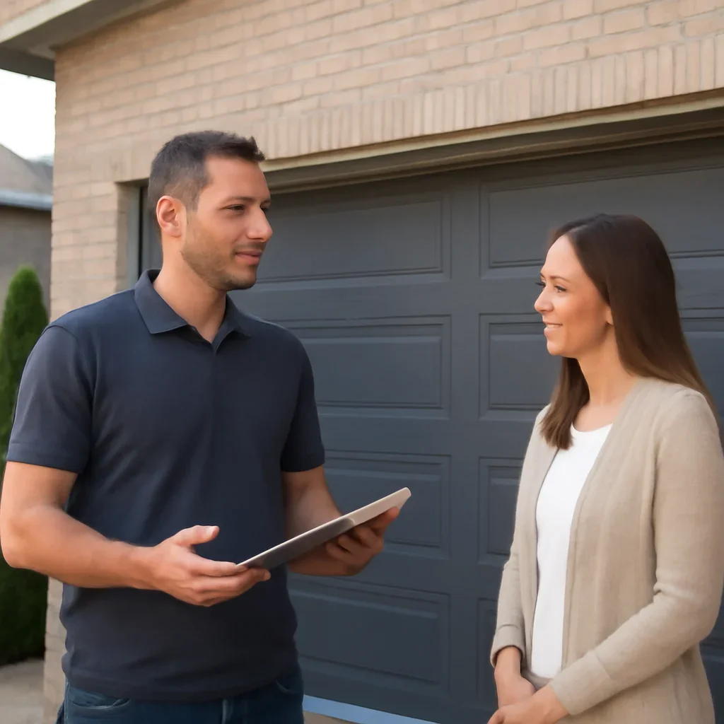 Homeowner or property manager discussing garage door installation in Fleetwood Town Centre Surrey