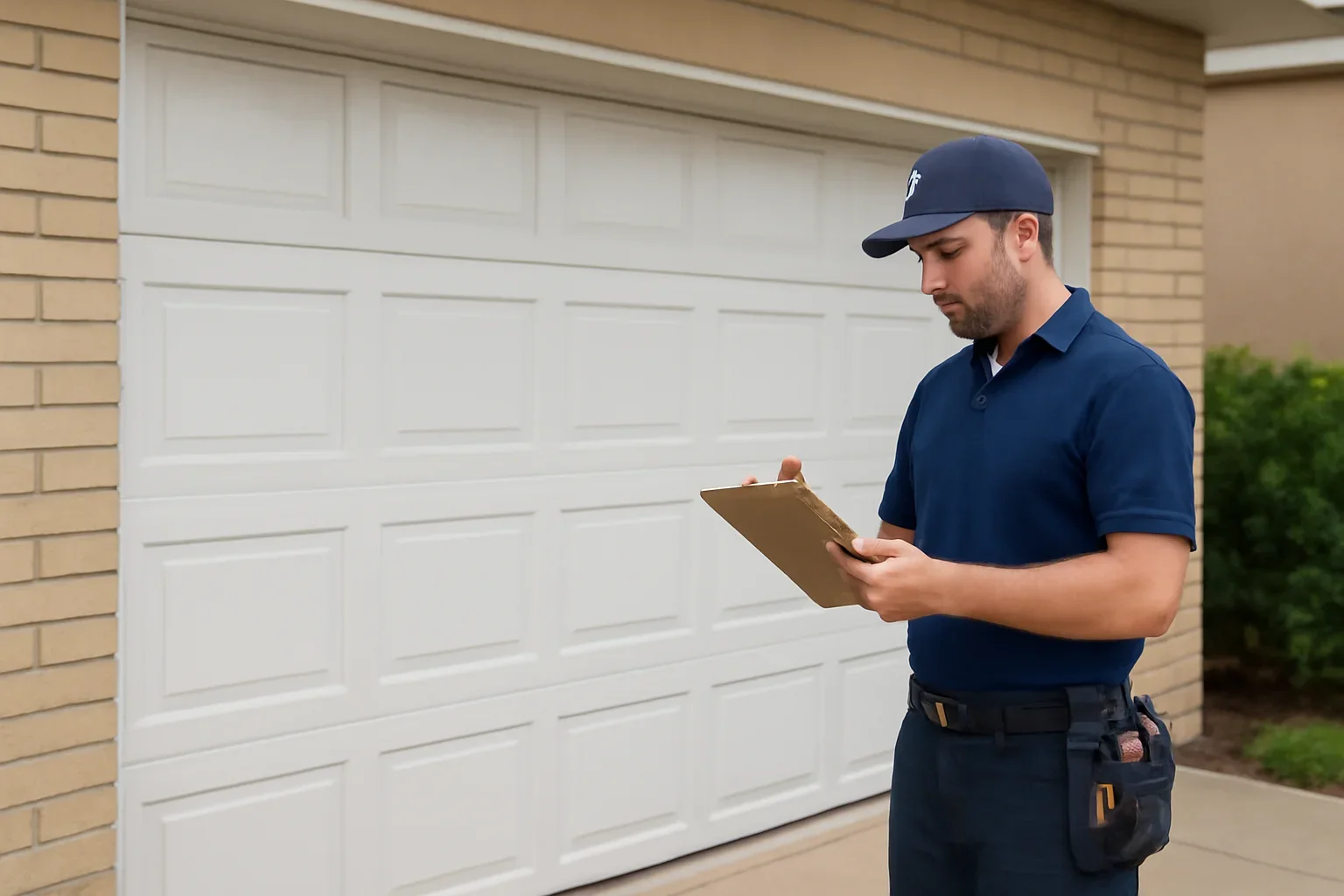 Garage door technician reviewing garage door installation in Fleetwood Town Centre Surrey