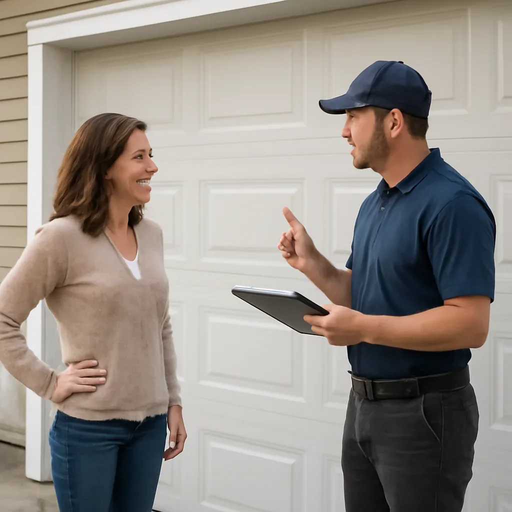 Homeowner discussing garage door installation in Fraser Heights Surrey