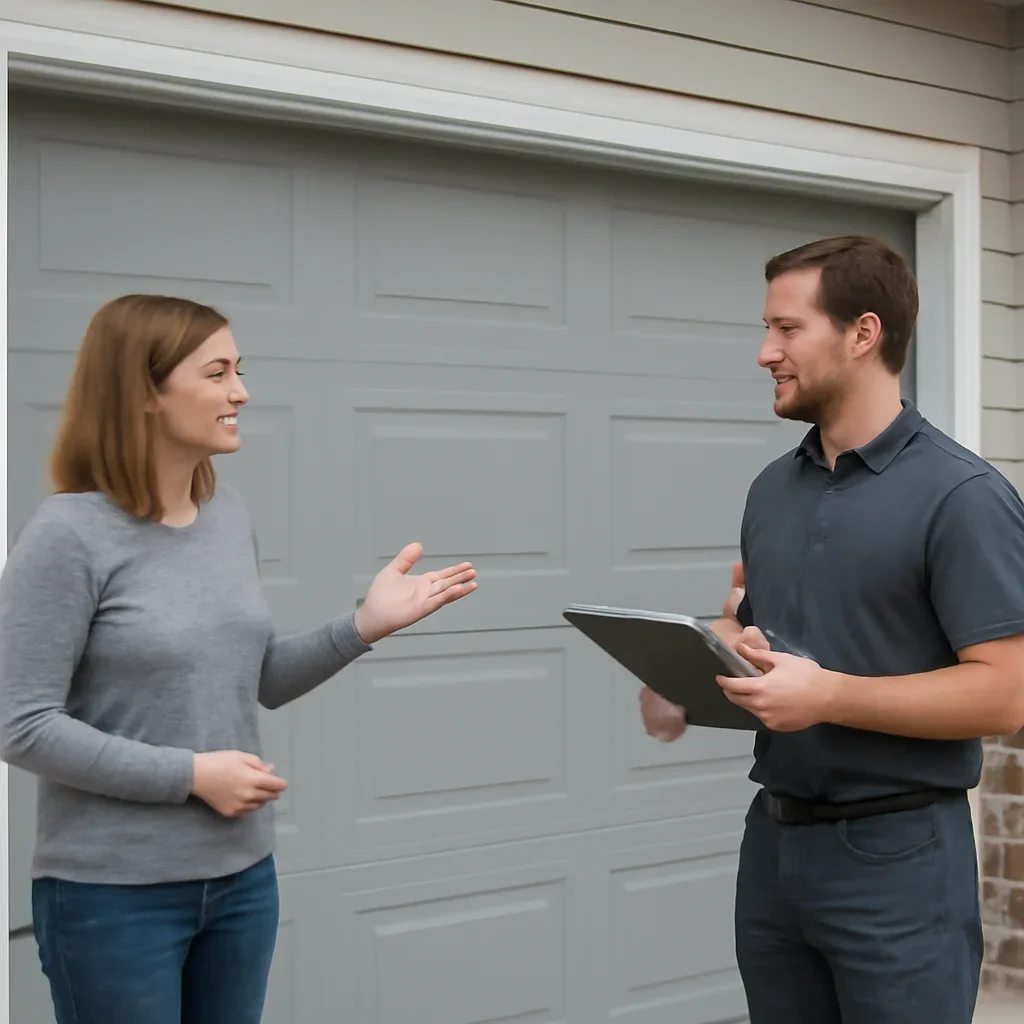 Homeowner discussing garage door installation in Grandview Heights Surrey