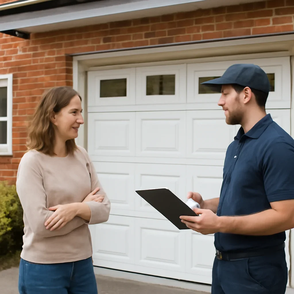 Homeowner or property manager discussing the next step for garage door installation surrey guildford in Surrey