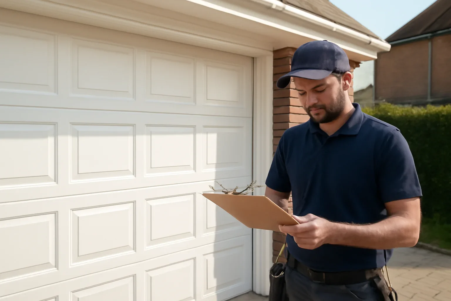 Garage door technician reviewing garage door installation surrey guildford at a Surrey property