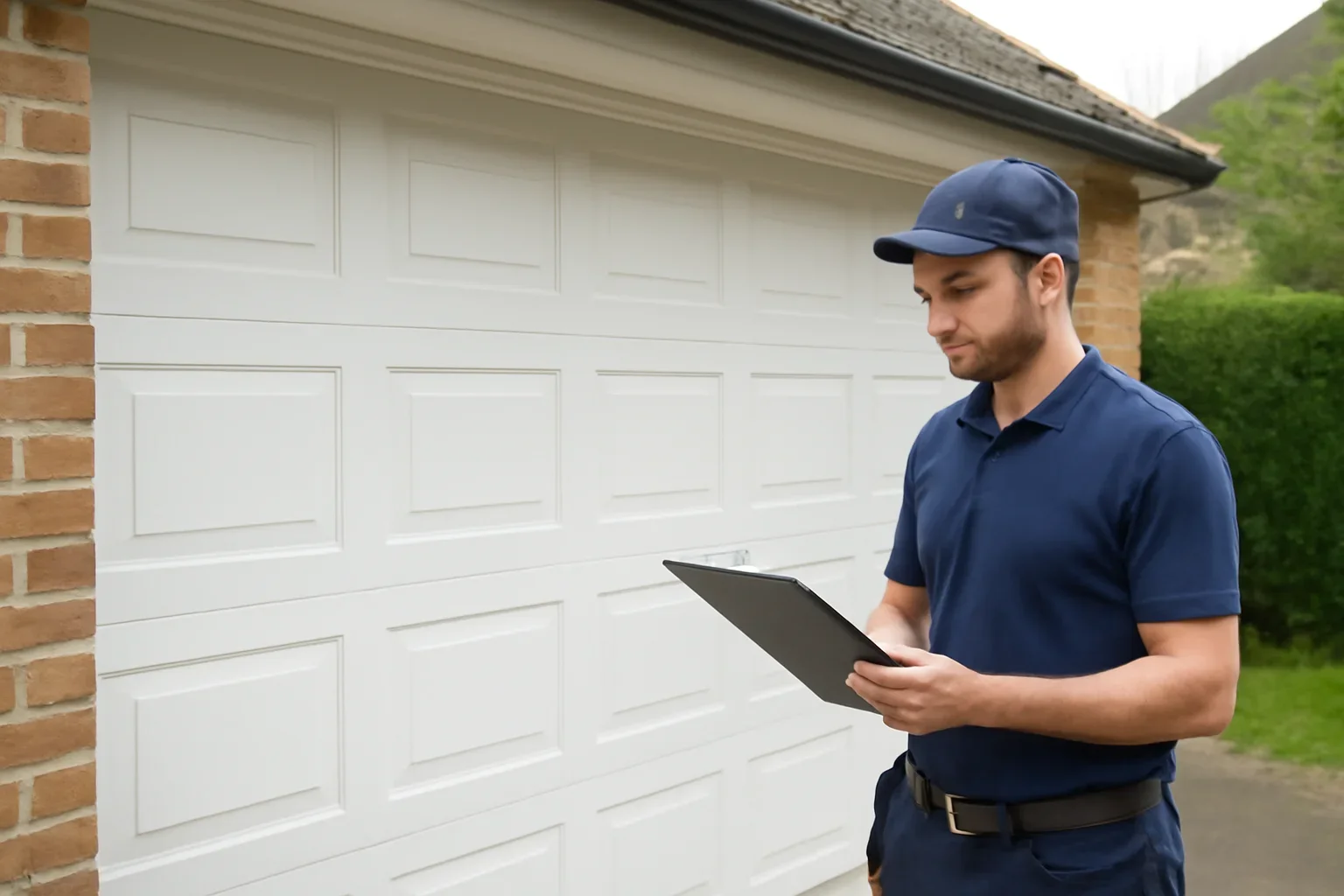 Garage door technician reviewing a new garage door installation at a Surrey property