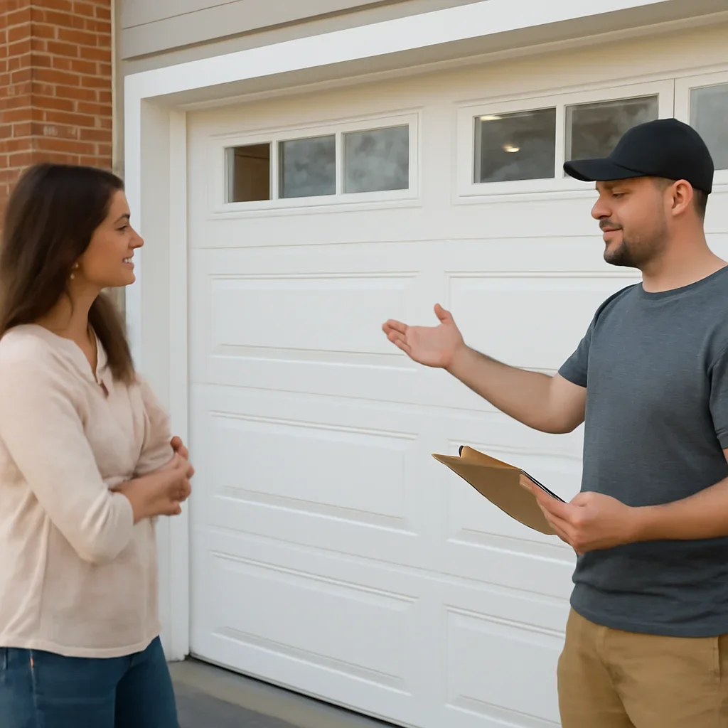 Homeowner or property manager discussing garage door installation in King George Corridor Surrey