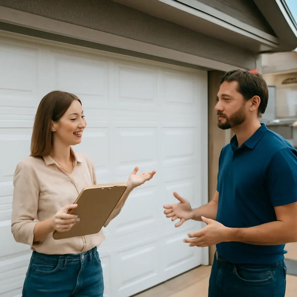Homeowner or property manager discussing garage door installation in Morgan Heights Surrey
