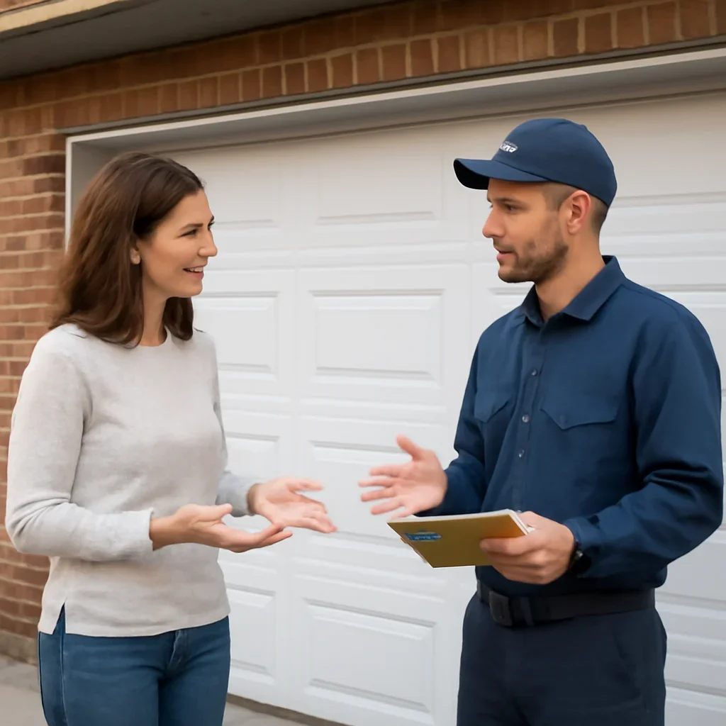 Homeowner or property manager discussing garage door installation in Newton Surrey