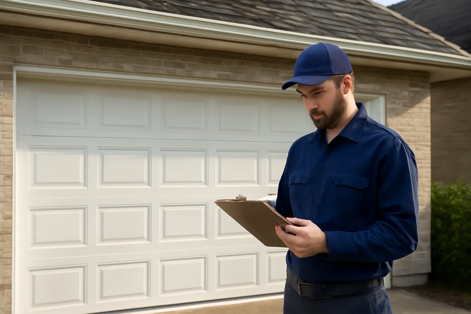Garage door technician reviewing garage door installation in Newton Surrey