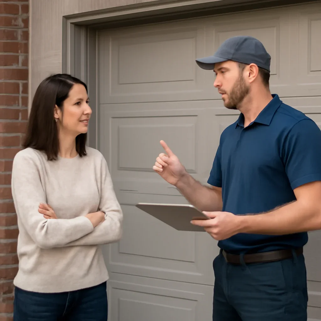 Homeowner or property manager discussing garage door installation in Newton Town Centre Surrey