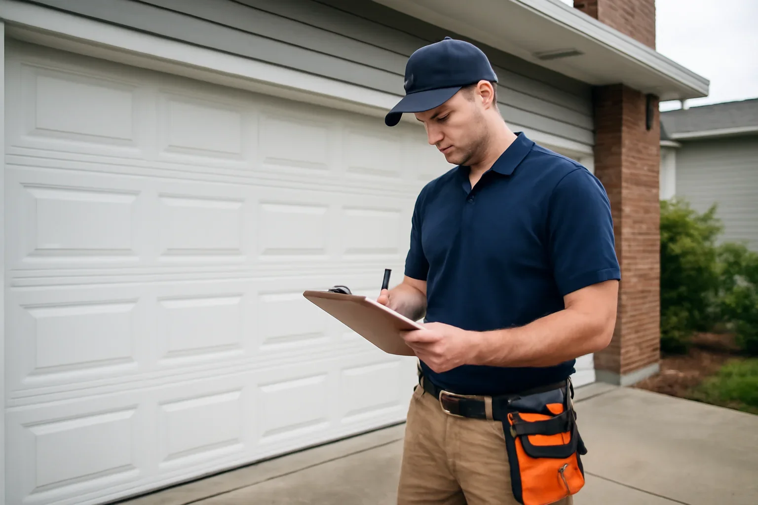 Garage door technician reviewing garage door installation in Newton Town Centre Surrey