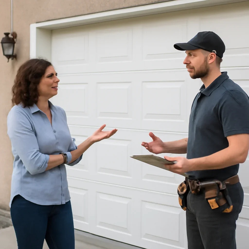 Homeowner or property manager discussing garage door installation in Ocean Park Surrey