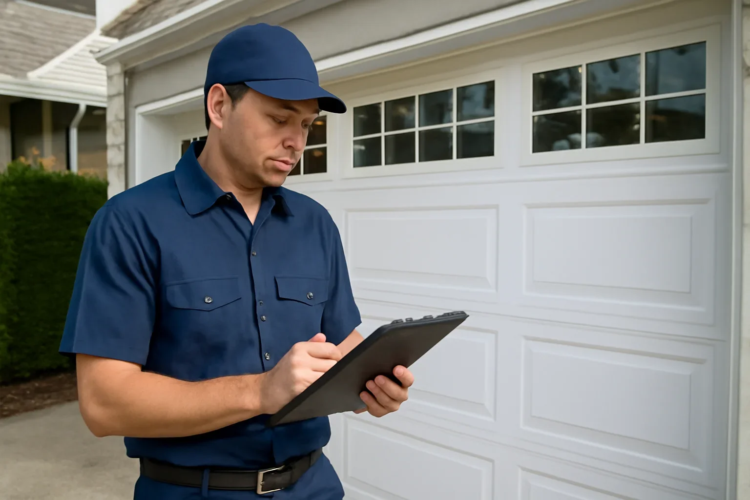 Garage door technician reviewing garage door installation in Ocean Park Surrey