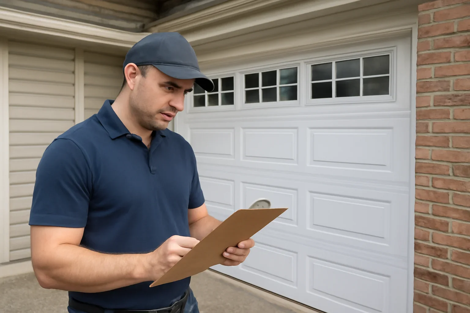 Garage door technician reviewing garage door installation in Pacific Douglas Surrey