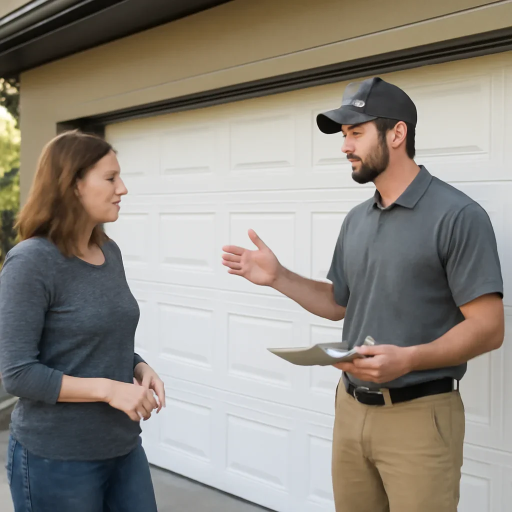 Homeowner or property manager discussing garage door installation in Queen Mary Park Surrey
