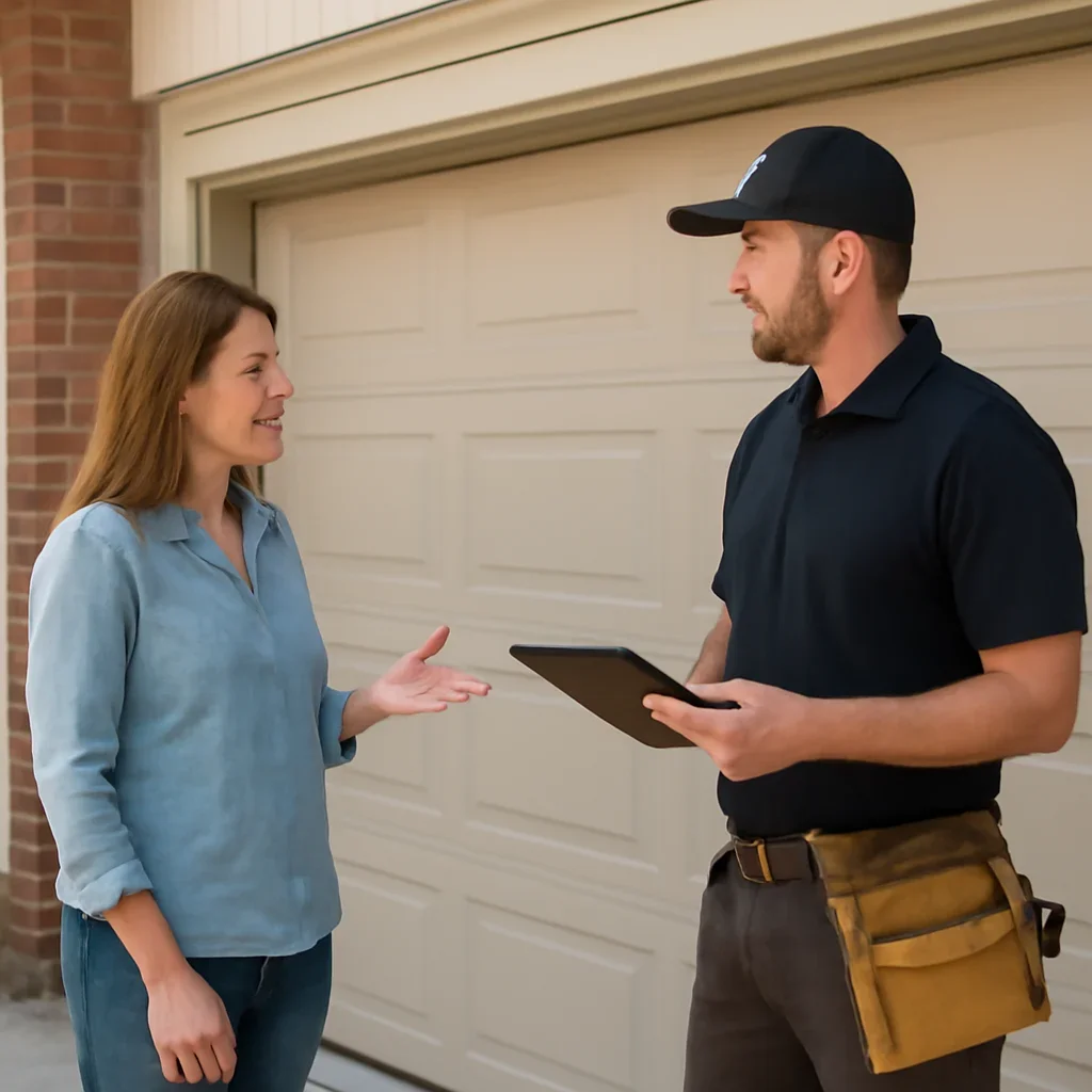 Homeowner discussing garage door installation in Rosemary Heights Surrey with a technician