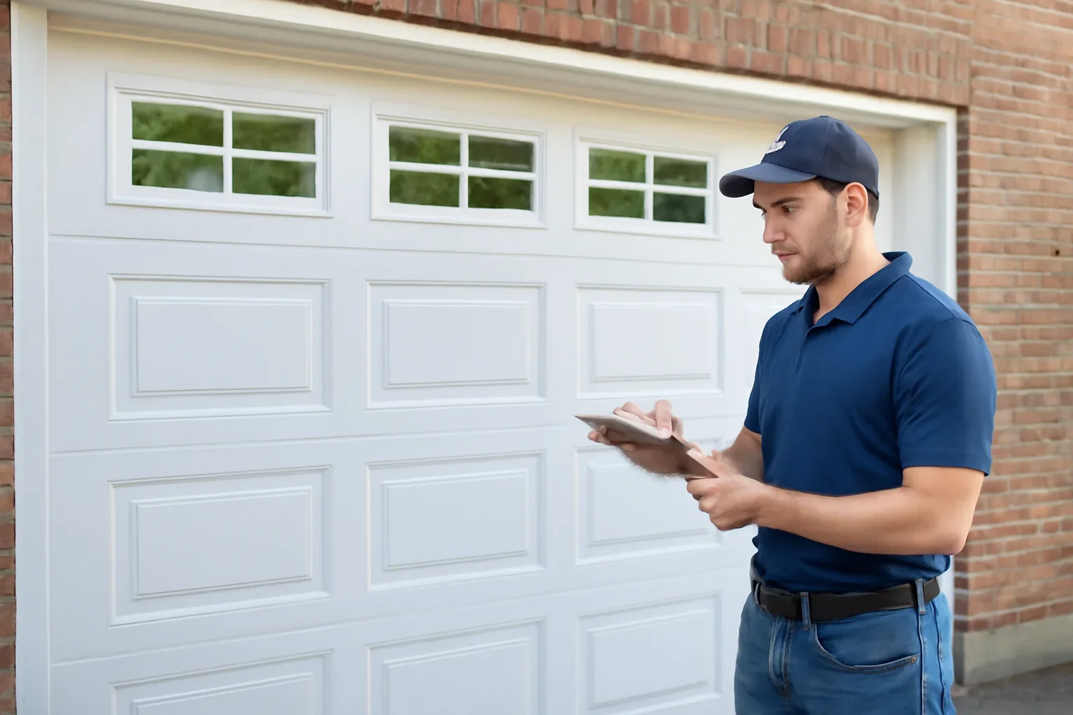 Garage door technician reviewing garage door installation in Royal Heights Surrey