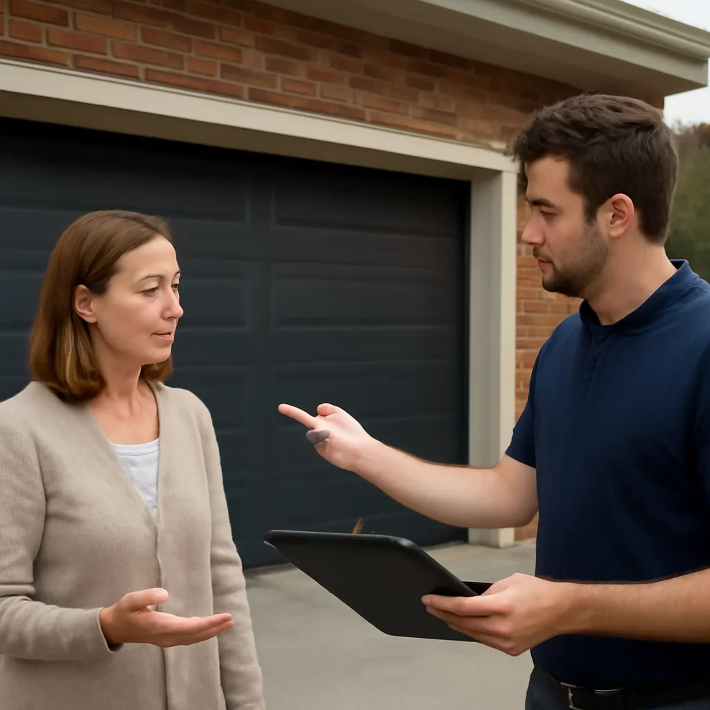 Homeowner discussing garage door installation in Semiahmoo Surrey with a technician