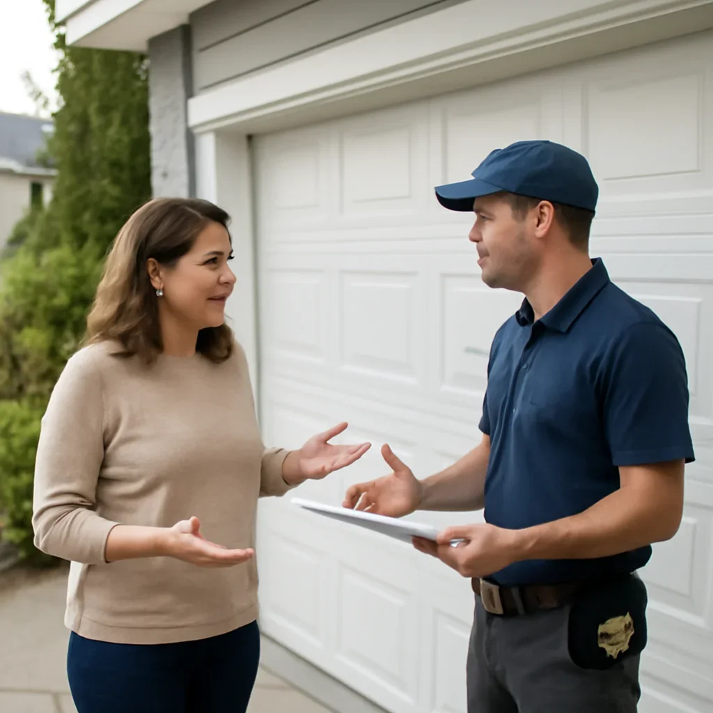 Homeowner discussing garage door installation in South Surrey with a technician