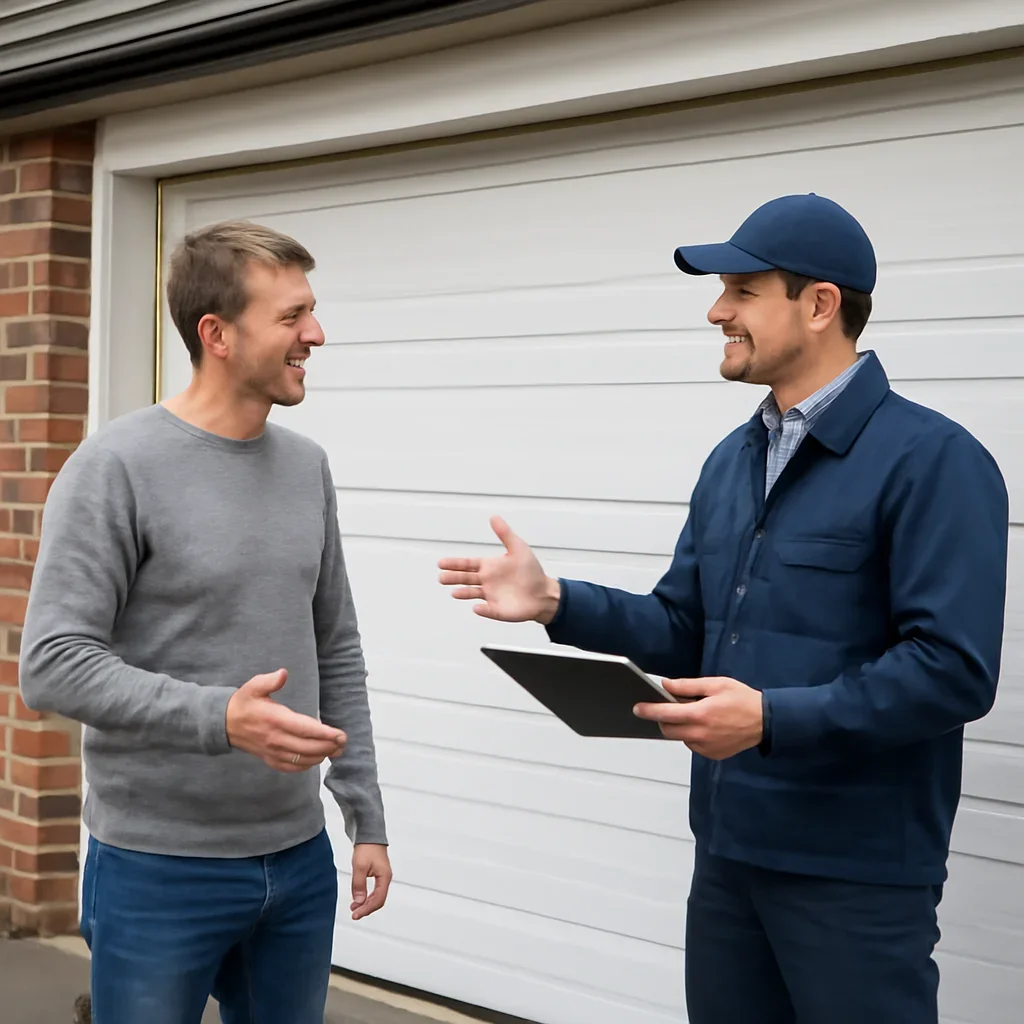 Property owner discussing garage door installation in South Westminster Surrey with a technician