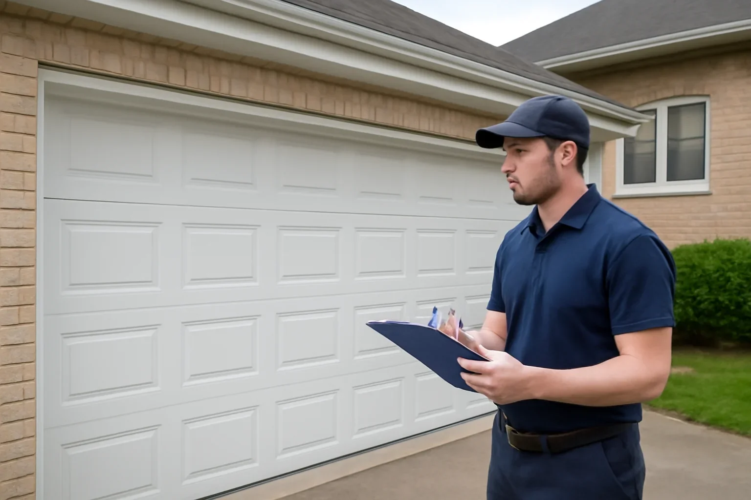 Garage door technician reviewing garage door installation in South Westminster Surrey