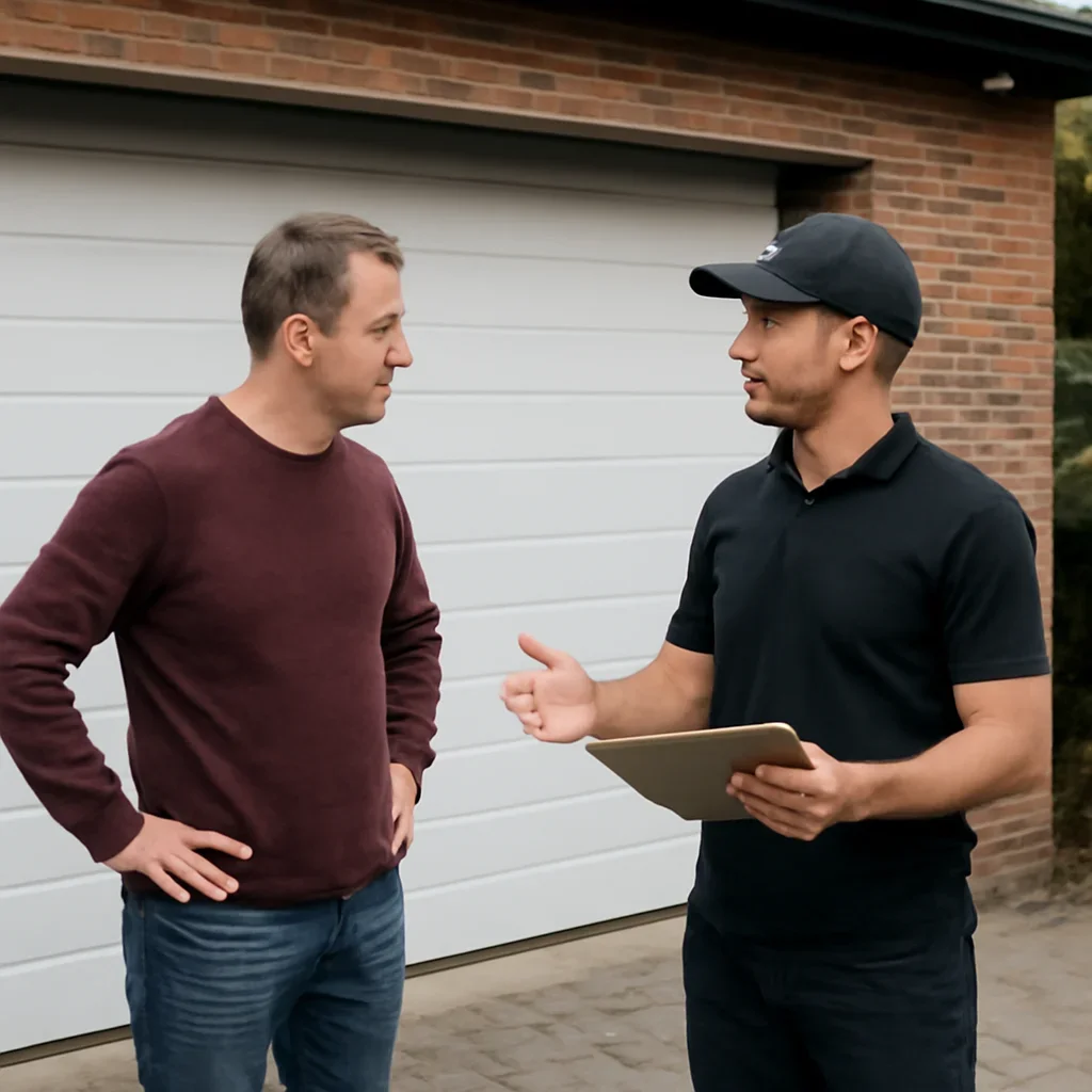 Homeowner discussing garage door installation in Strawberry Hill Surrey with a technician