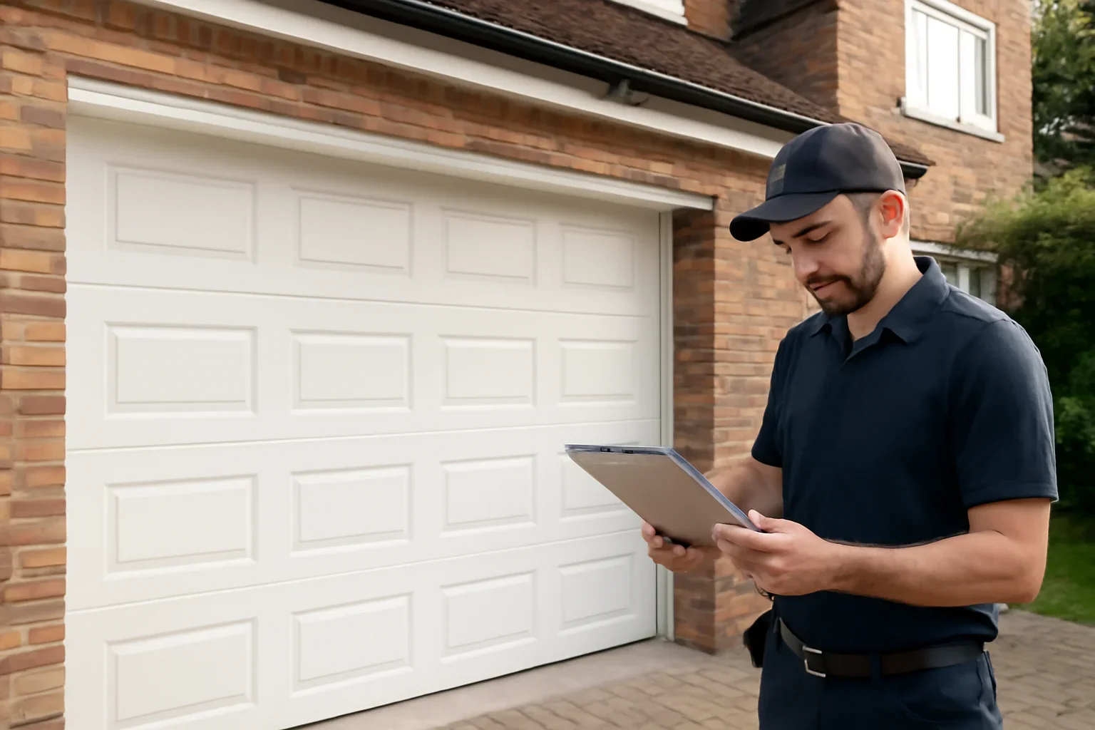 Garage door technician reviewing garage door installation in Strawberry Hill Surrey