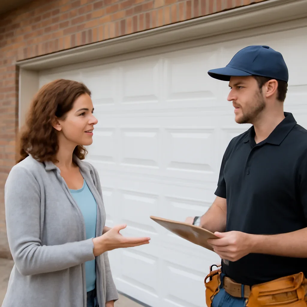 Homeowner discussing garage door installation in Sullivan Station Surrey with a technician