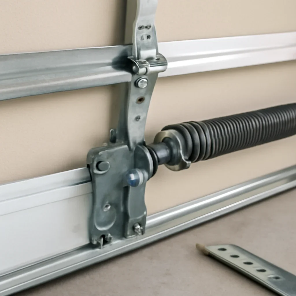 Close view of garage door components during installation planning in Sullivan Station Surrey