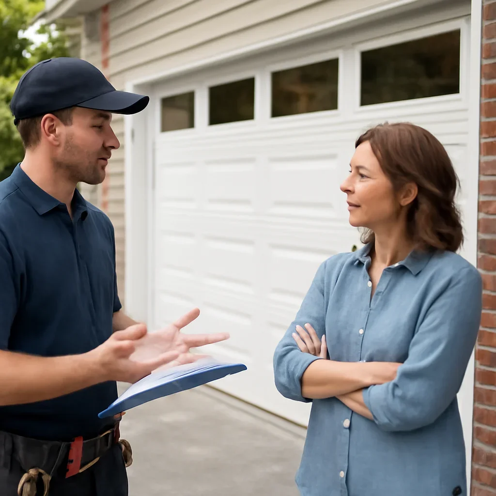 Homeowner discussing garage door installation in Sunnyside Surrey with a technician