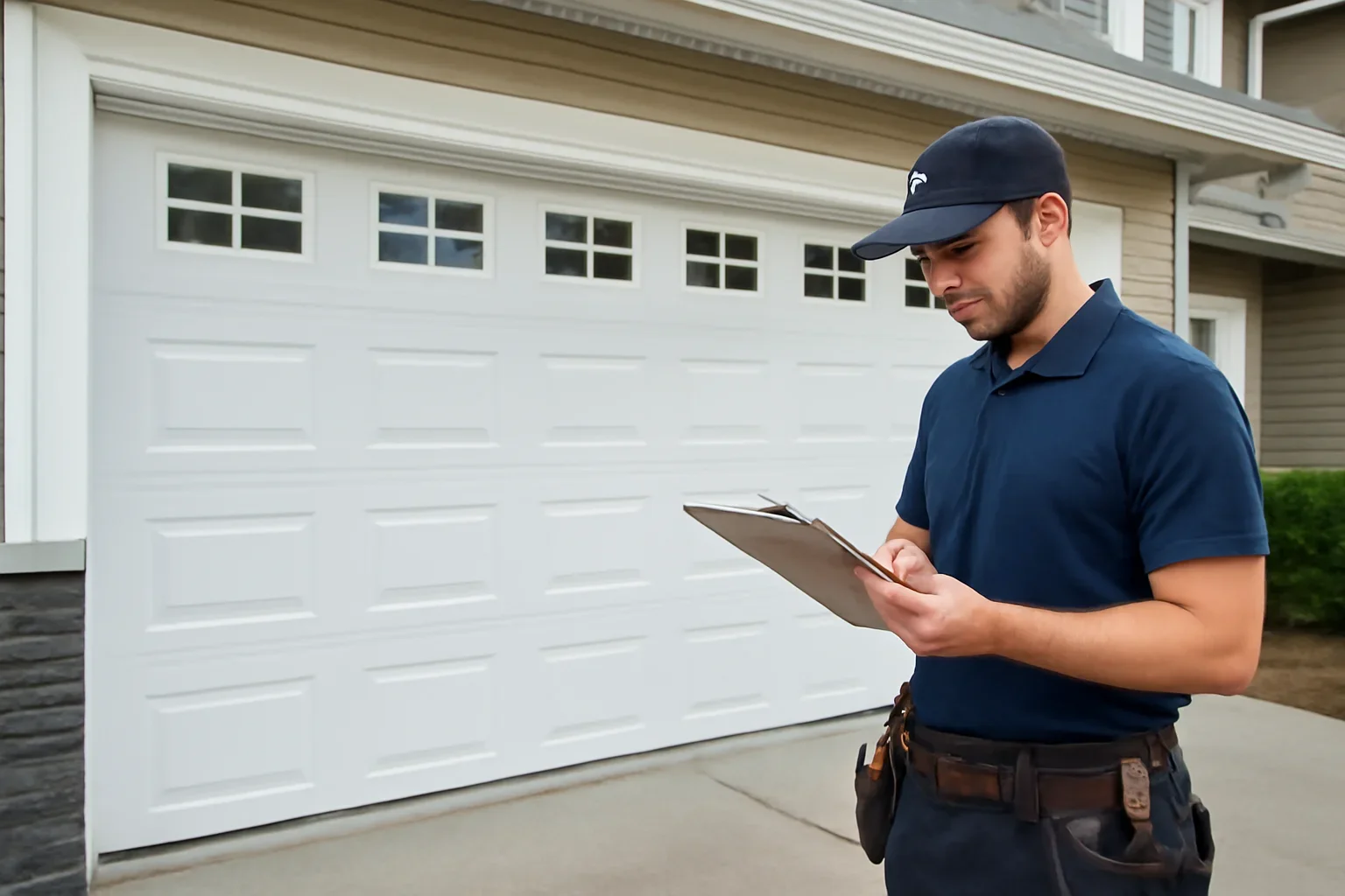 Garage door technician reviewing garage door installation in Sunnyside Surrey