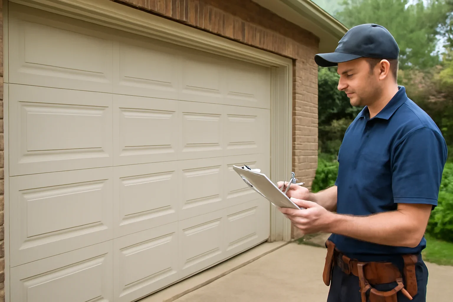 Garage door technician reviewing garage door installation in Tynehead Surrey