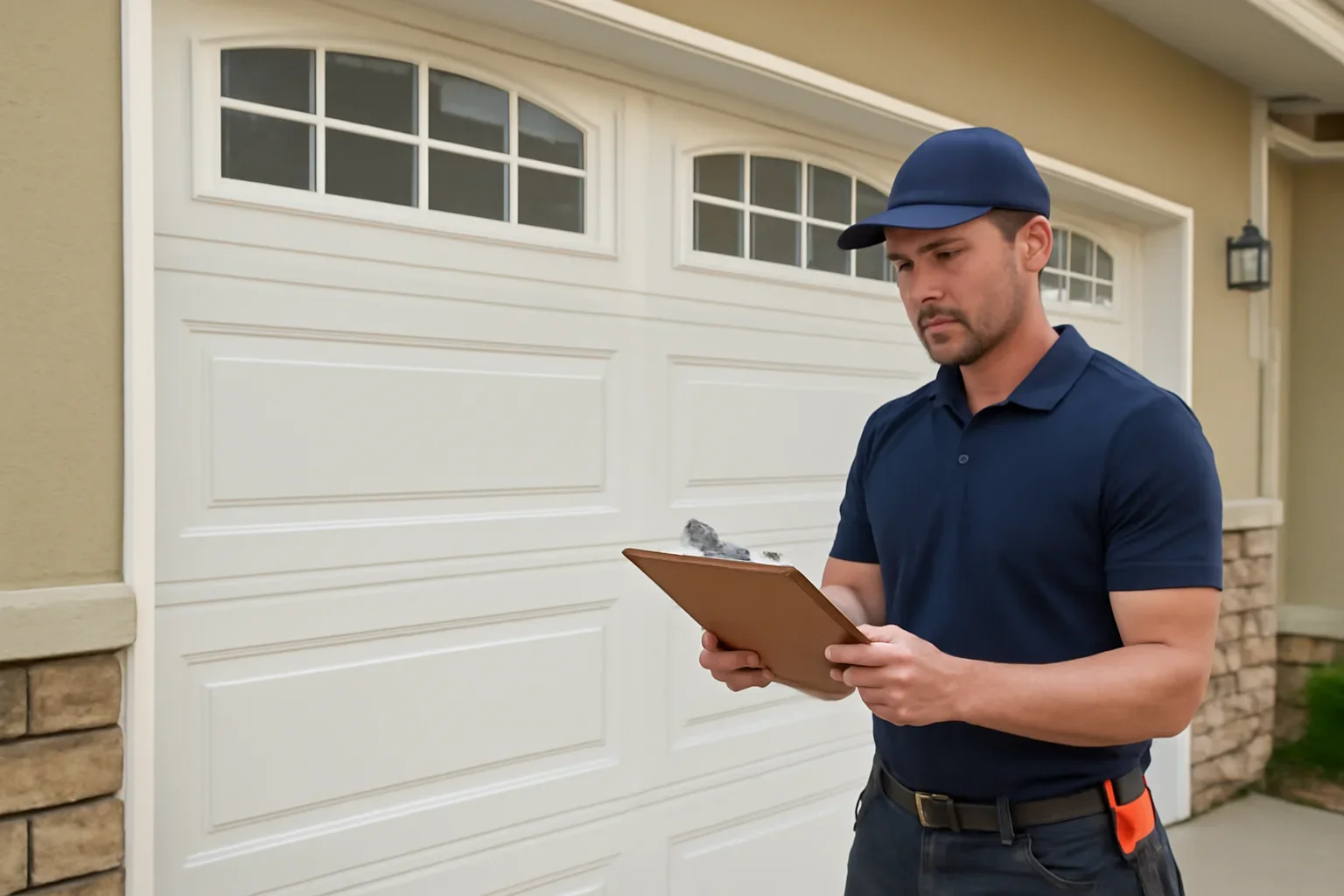 Garage door technician reviewing garage door installation in West Cloverdale Surrey
