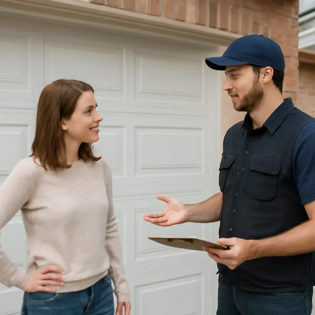 Homeowner or property manager discussing garage door installation in West Newton Surrey