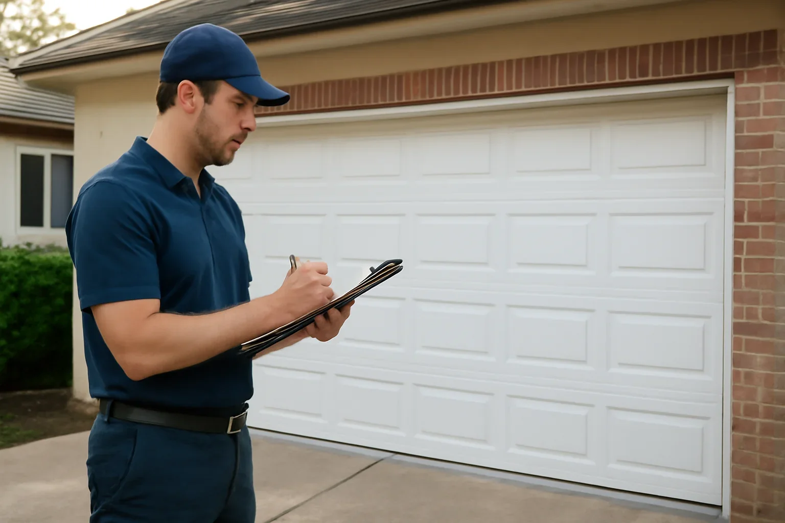 Garage door technician reviewing garage door installation in West Newton Surrey