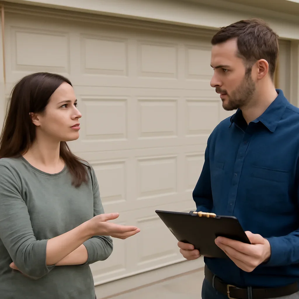 Homeowner or property manager discussing garage door maintenance in Cloverdale Surrey