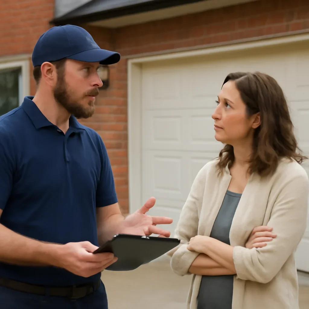 Surrey property owner discussing garage door maintenance needs and service planning