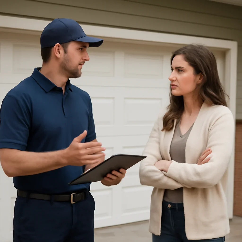 Homeowner or property manager discussing garage door maintenance in Fleetwood Surrey