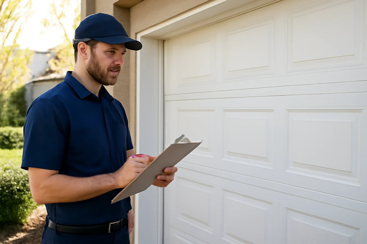 Garage door technician reviewing garage door maintenance in Fleetwood Surrey