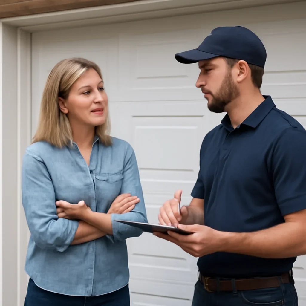 Homeowner or property manager discussing garage door maintenance in Guildford Surrey