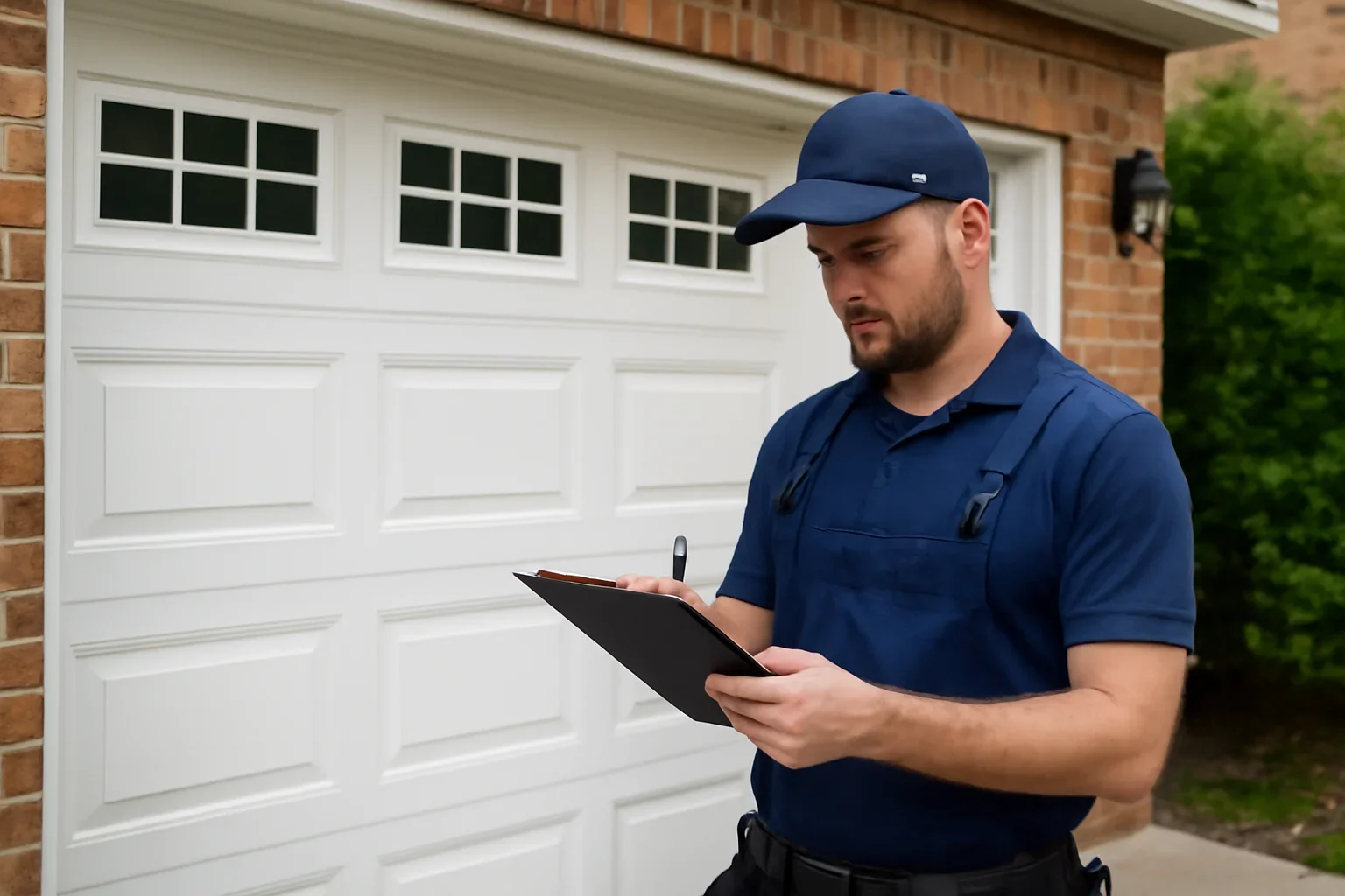 Garage door technician reviewing garage door maintenance in Guildford Surrey