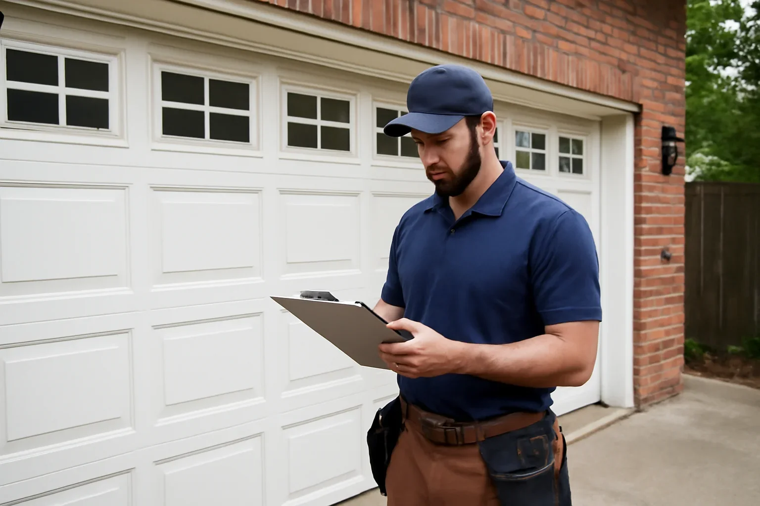 Garage door technician performing preventive maintenance on a Surrey garage door
