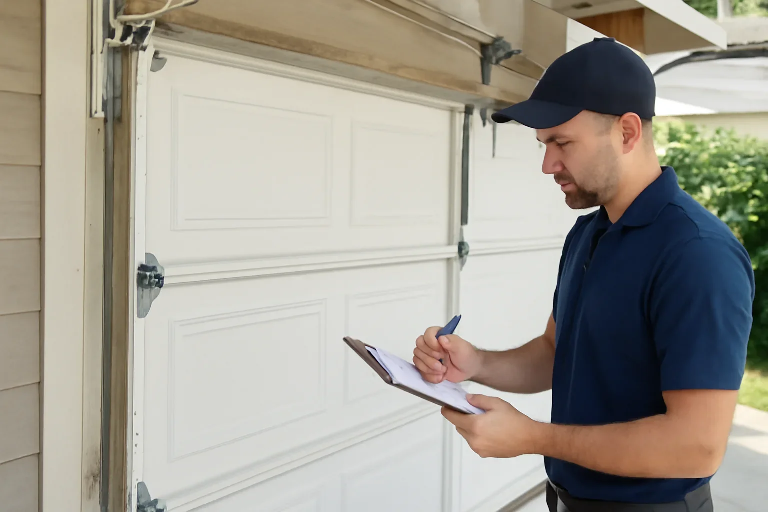 Garage door technician reviewing garage door maintenance in Newton Surrey
