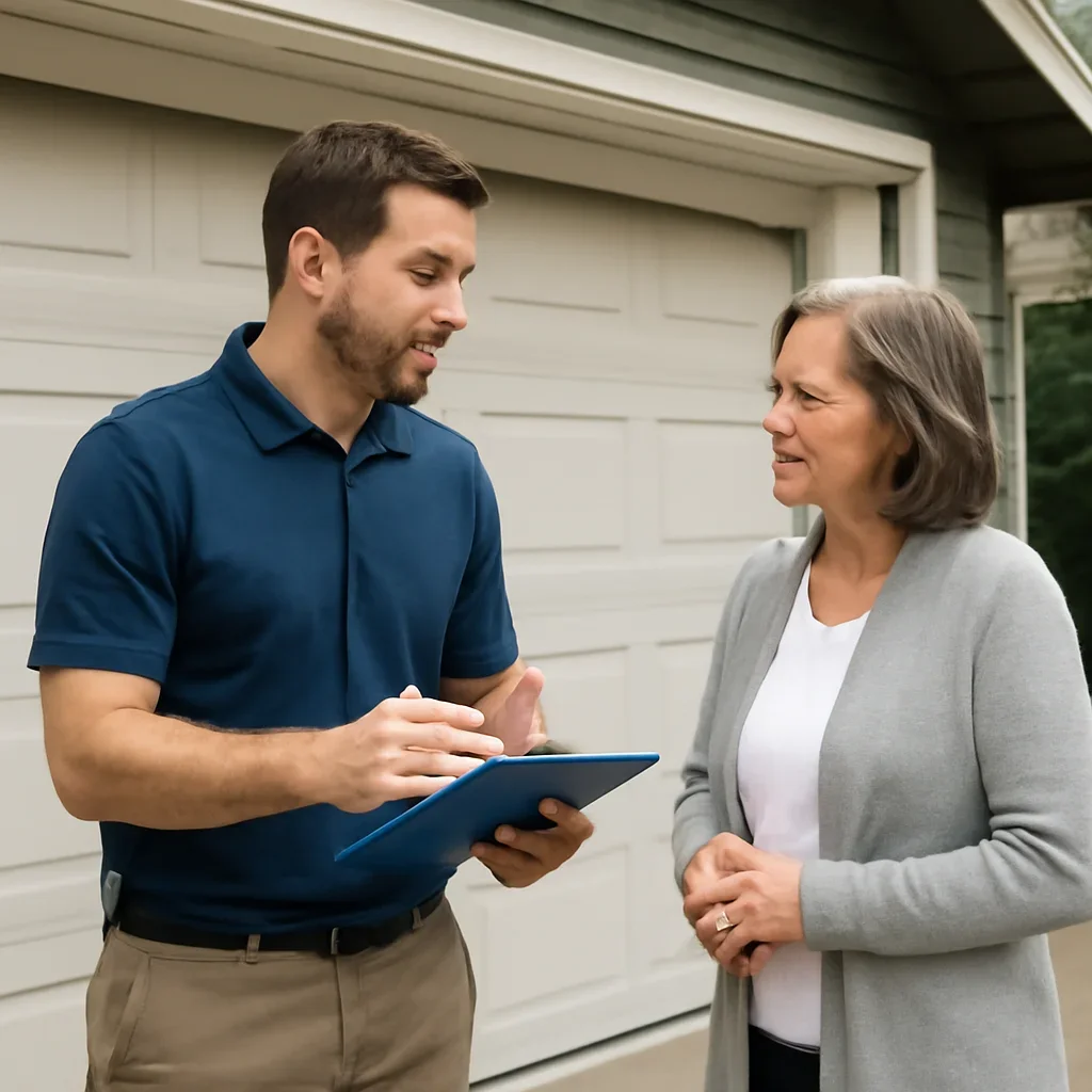 Homeowner or property manager discussing garage door maintenance in South Surrey Surrey