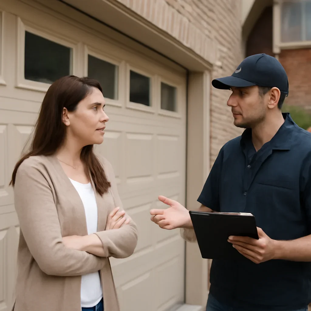 Homeowner or property manager discussing garage door maintenance in Whalley and Surrey City Centre Surrey