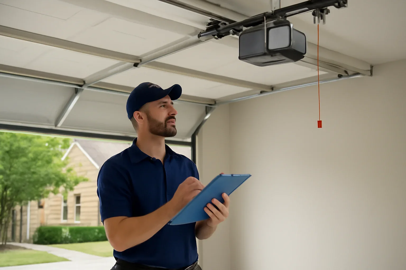Technician reviewing garage door opener installation requirements at a Surrey property