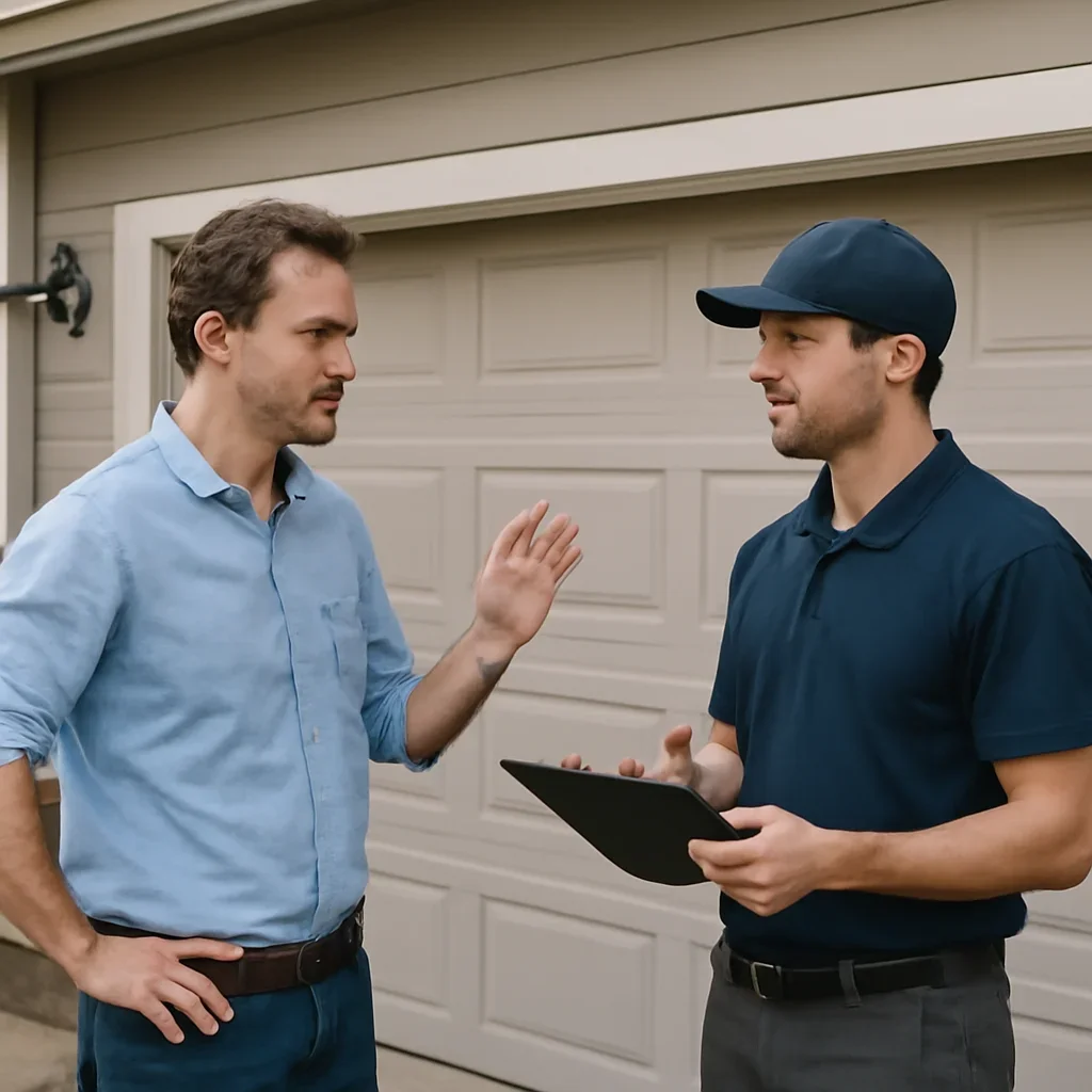 Homeowner or property manager discussing garage door opener repair in Bear Creek Green Timbers Surrey
