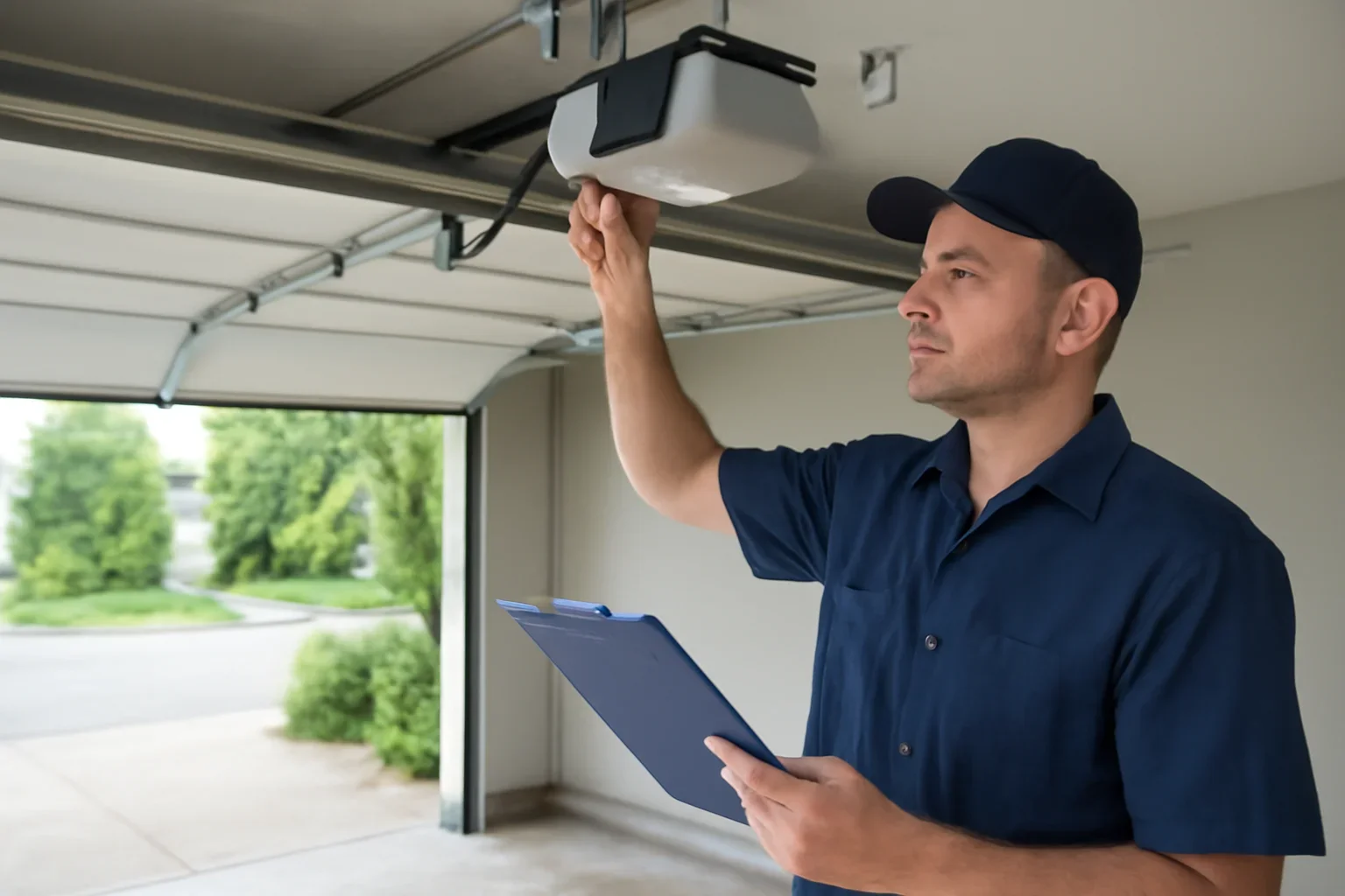 Garage door technician reviewing garage door opener repair in Bear Creek Green Timbers Surrey