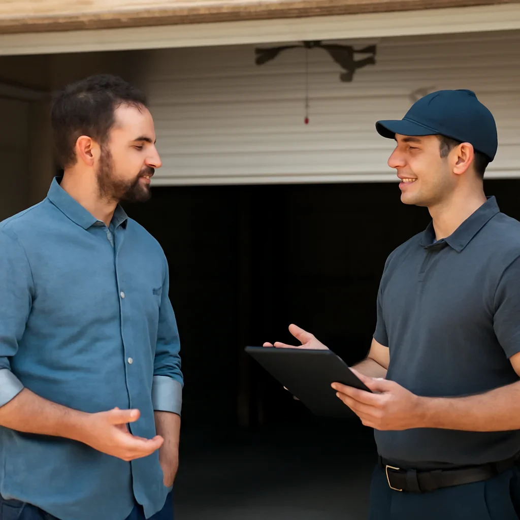 Homeowner or property manager discussing garage door opener repair in Beaver Creek Surrey